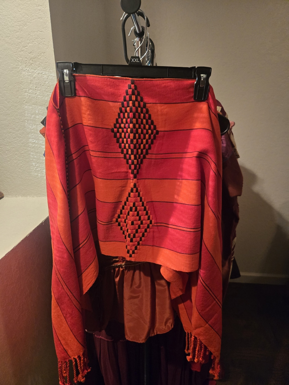 Handwoven Red-Orange Geometric Poncho